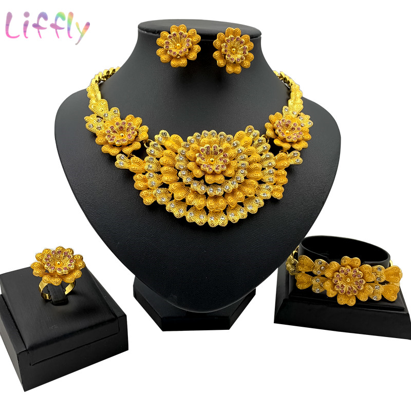 

African Jewelry Set Trendy Pine Tree Flower Crystal Large Necklace Earrings Bracelet Ring Pretty Dubai Woman Wedding Jewelry, As pic