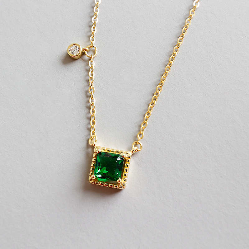 

New Fashion 925 Sterling Silver Emerald Square Pendant Necklaces For Women White Zircon Charms Geometric Necklace&Pendant