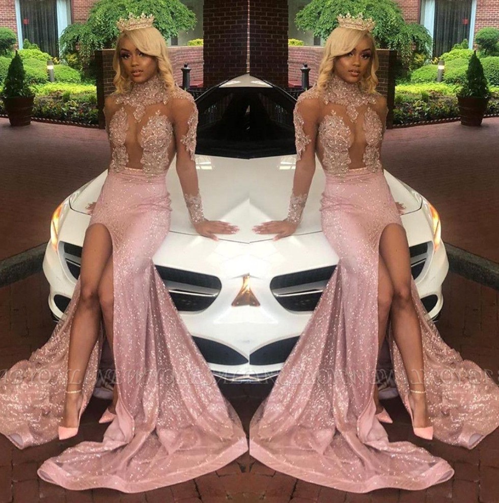 

Sheer Long Sleeves High Neck Lace Mermaid Prom Dresses 2020 Black Girls Lace Applique Split Backless Sweep Train Evening Gowns BC3476, White