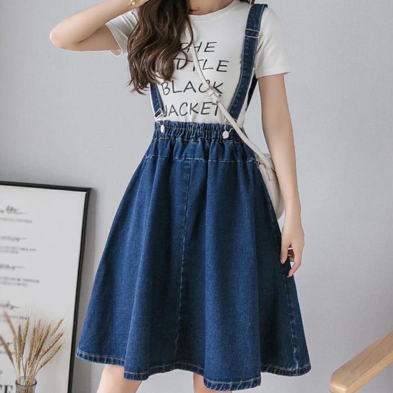 

Women Suspender Denim Skirt With Straps Elegant A Line Pleated High Waist Skirts Preppy Style School Blue Lolita Jeans Skirt