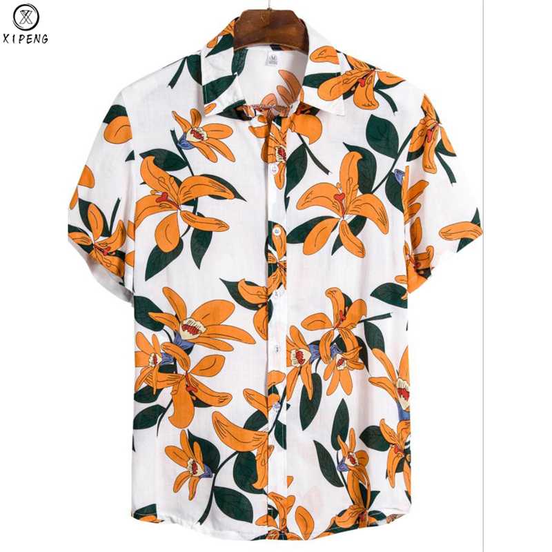 

2020 New Casual Shirts Print Hawaiian Shirt Yellow Short Sleeve Blouse Single Button shirt Men Tops Slim Fit Blusa Masculina, 16