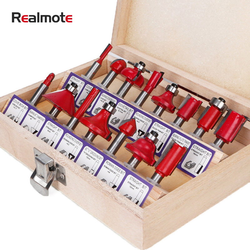 

Realmote 12/15 pcs 1/4 1/2 Inch 8 mm Handle Wood Milling Cutter Machines Router Bit Set For Carbide Shank Mill Woodworking Tools