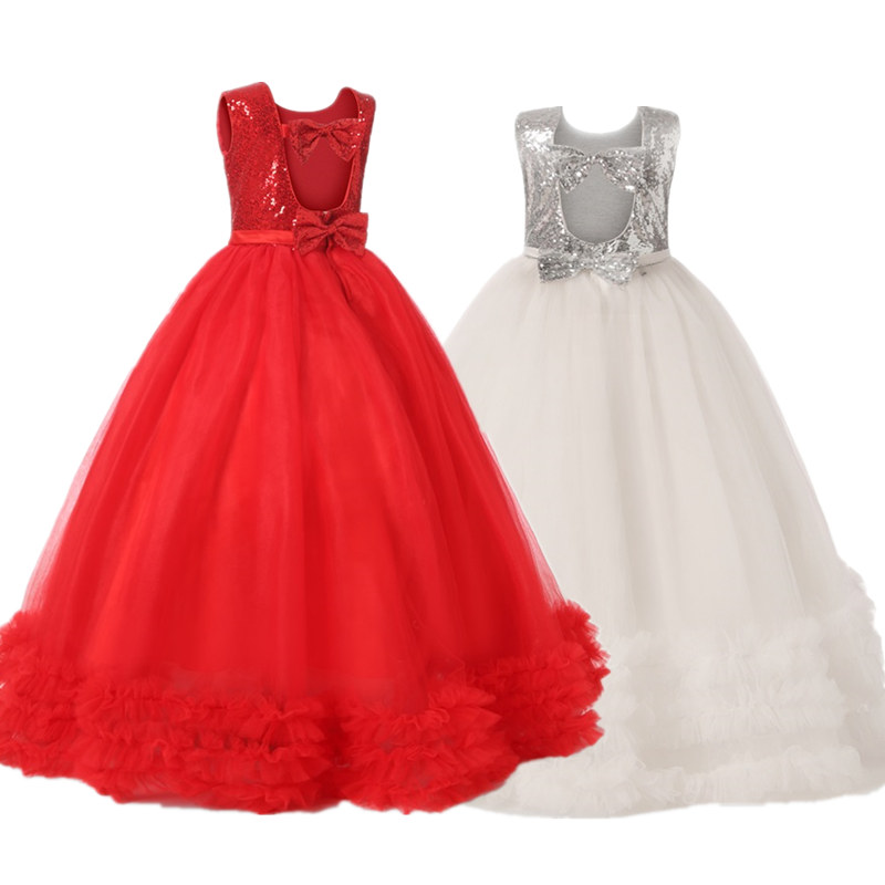 

Girls Wedding Dress Sequins Formal Party Dresses For Girls Tutu Kids Clothes Children Backless Designs Red Long Dress