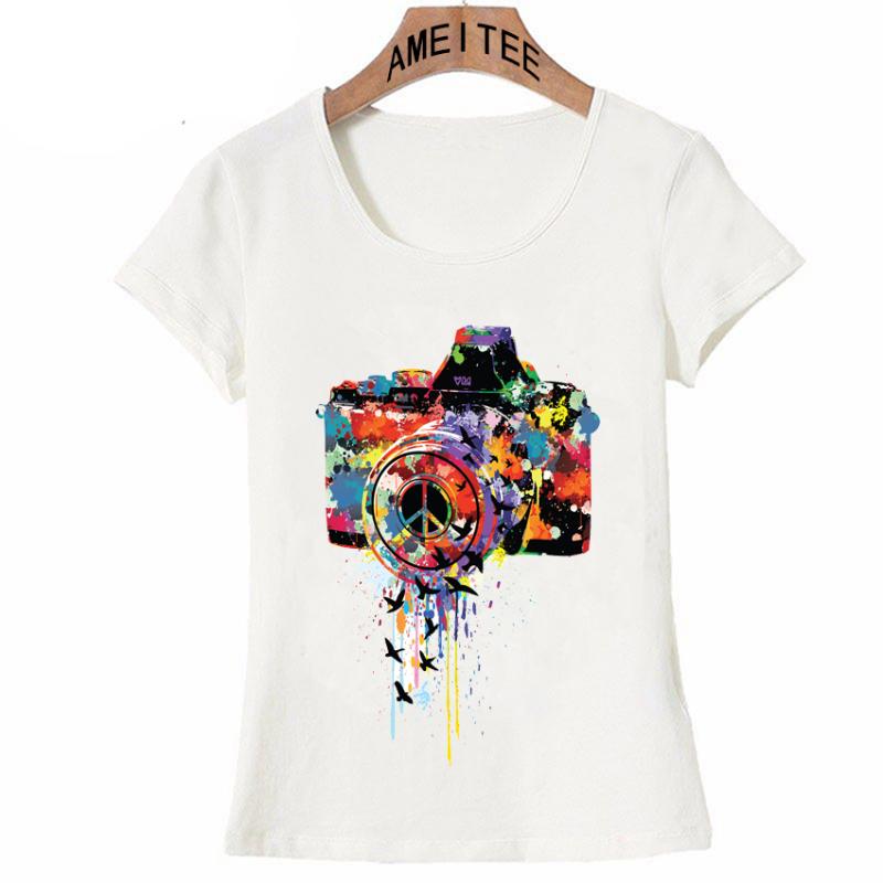 

Paint splash dslr camera with flying birds peace sign T-Shirt White Casual Women t-shirt Rainbow watercolor Tops Cute Girl Tees, Z3772
