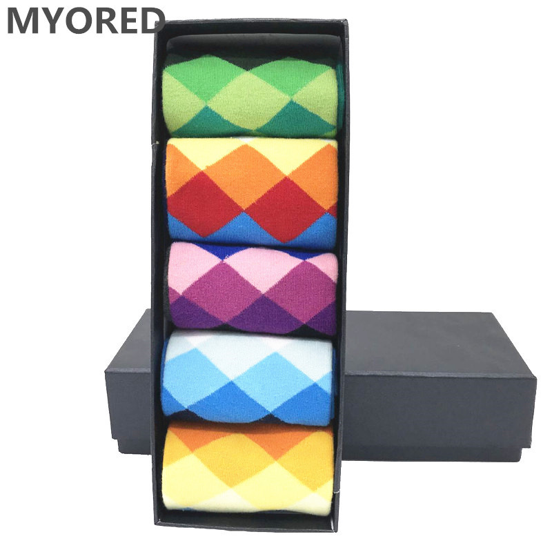 

MYORED 5 pair/lot Men's Argyle Colorful Socks cotton colorful wedding gift socks funny for happy bright party sock NO BOX, F011