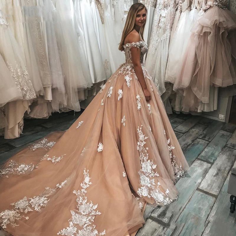 Champagne Tulle Ivoire Lave Robes De Mariée Long Train De L'épaule Applique Perles Moderne Robes De Mari￩e Vestidos De Novia