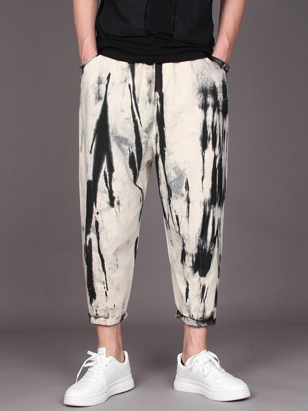 

2020 inkjet cotton and linen baggy small feet harlan pants summer leisure pants fashion men, Black
