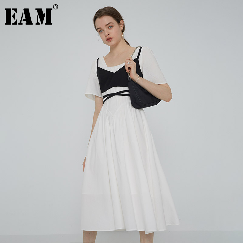 

EAM] Women White Brief Spit Joint Bandage Dress New Round Neck Short Sleeve Loose Fit Fashion Tide Spring Summer 2020 1W815