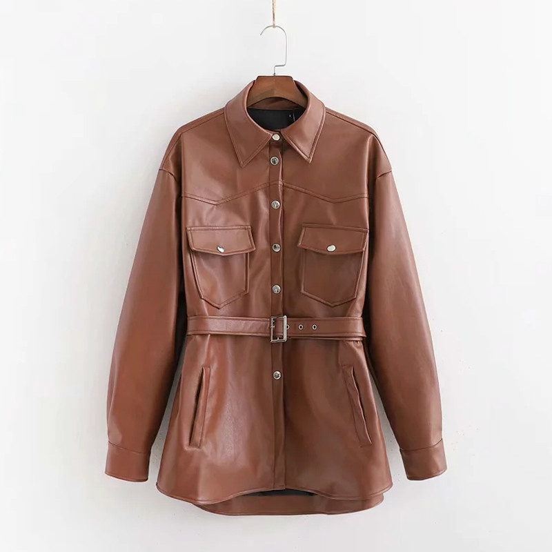 

Retro Black Khaki Artificial Leather Jacket For Women Pu Jacket Street Punk Belt Motorcycle For Women Motorcycle