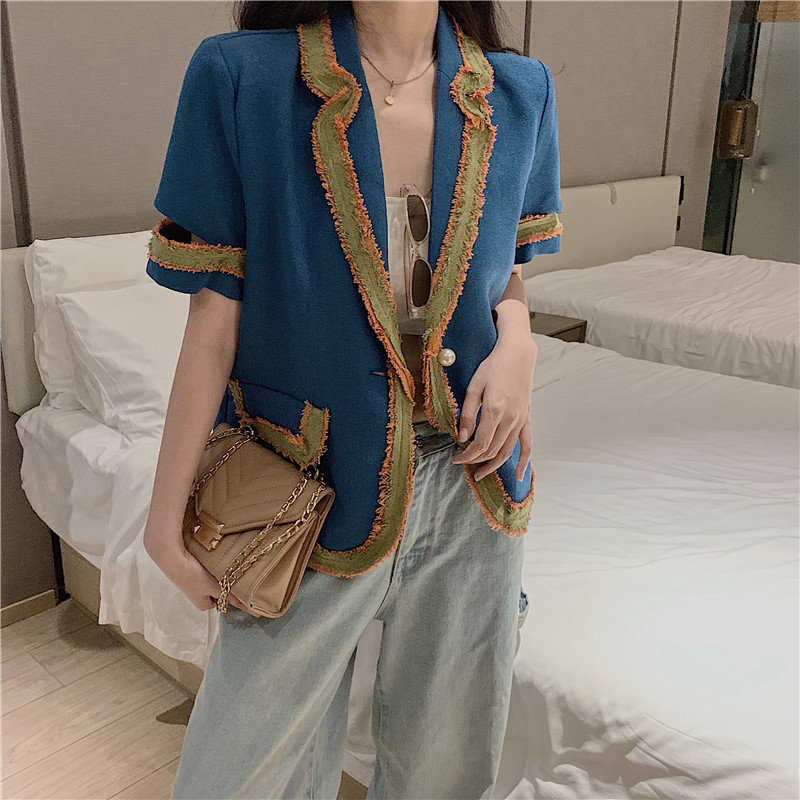 

Alien Kitty Stylish Retro Color-Hit Loose Patchwork Office Ladies Pearls Buttons Short Sleeves Vintage Plus Short Coats Balzers, Photo color