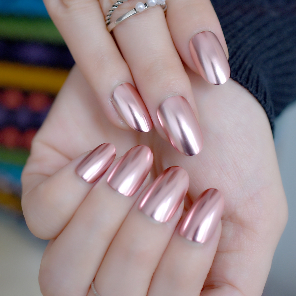 

Oval Metal Mirror False Nails Champagne Pink Fake Nail Short Size Acrylic Nail Tips DIY Salon Products 24pcs, Transparent