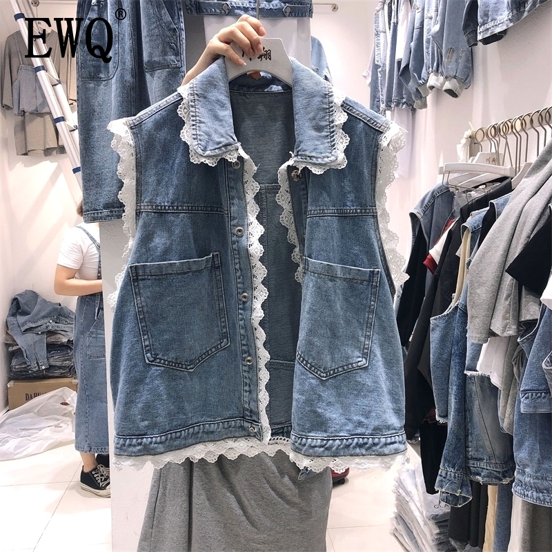 

EWQ] 2020 Spring Autumn New Style Lapel Sleeveless Denim Patchwork Lace Single Breasted Vintage Vest Women Fashion Tide AH10705, Blue