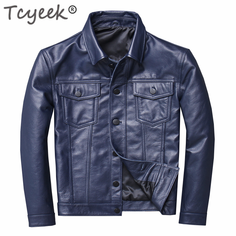

Tcyeek Real Leather Jacket Men Clothes 2019 Streetwear Fashion Mens Short Cow Leather Coat Slim Fit Genuine Coats 1213, Blue