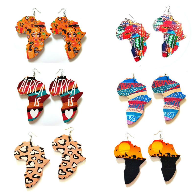 

Printing African Scenery Colorful Eardrop Afro Wooden Dangle Earrings Wood Map Charm Hoop Earring For Women Lady Jewelry