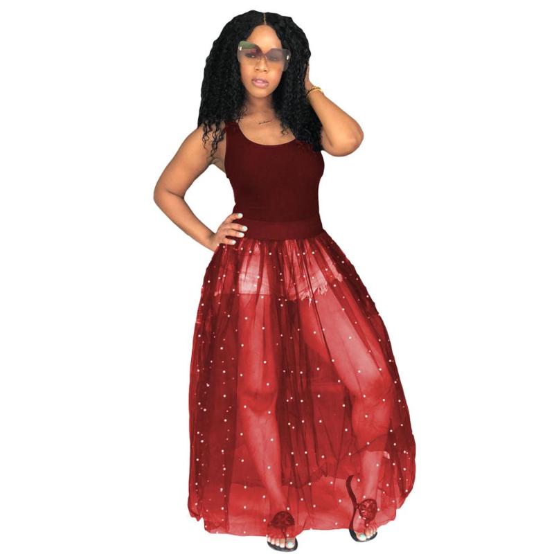 

Women Plus Size Dress Sexy Perspective Mesh Loose Flare Sleeveless Plus Size Long Dress Summer, As picture showed