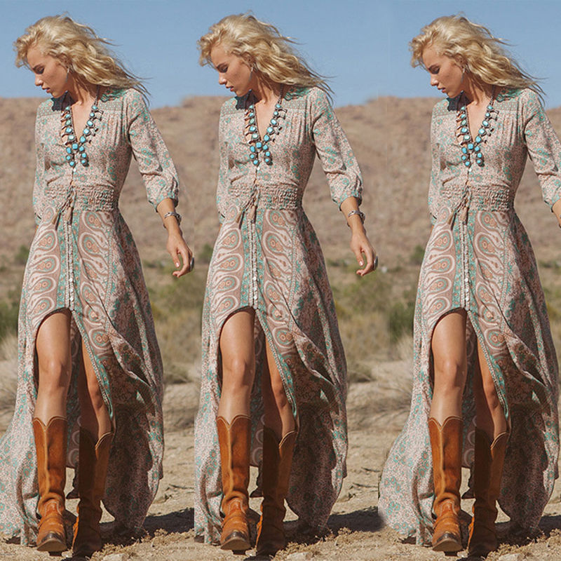 

Fashion Women Summer Sexy Long Sleeve Floral Chiffon Boho Party Vintage Print V Neck Beach Maxi Long Dress Print Size 6-14, As picture show