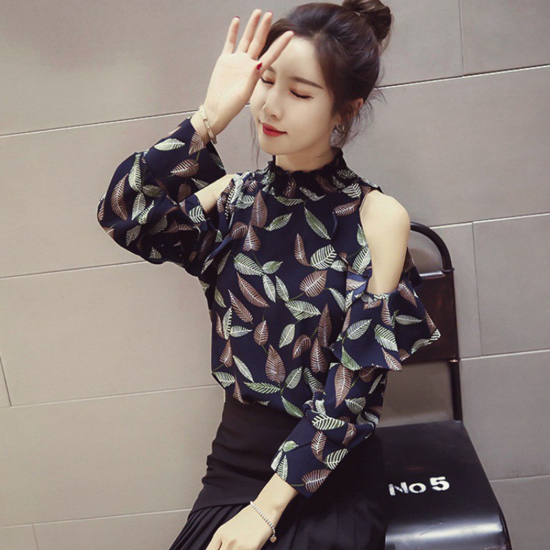 

Off Shoulder Floral Blouse Female Casual Ladies Summer Fashion Loose Tops Long Sleeve Shirt Women Blouse And Tops Plus Size, White