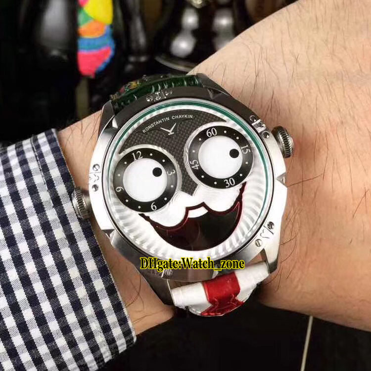 

New Konstantin Chaykin Joker Unique Smiling Face Steel Case Green Inner Russian Time Swiss Quartz Mens Watch Black Leather Strap Red Tie, Kc-f01 (1)