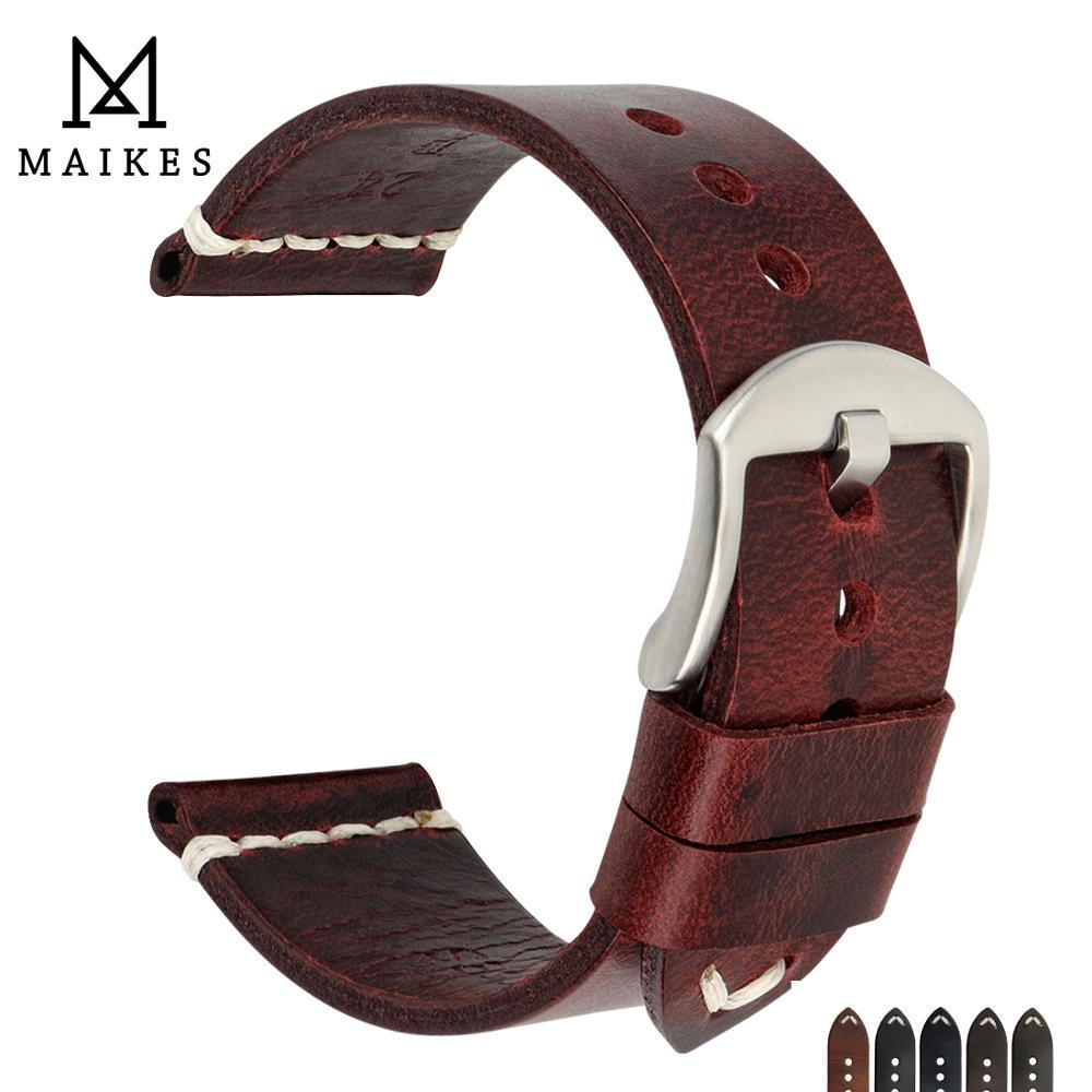 

MAIKES Genuine Cow Leather Watch Strap Handmade Watchbands Vintage Red Wristband For Panerai 20mm 22mm 24mm Watch Band CJ191225