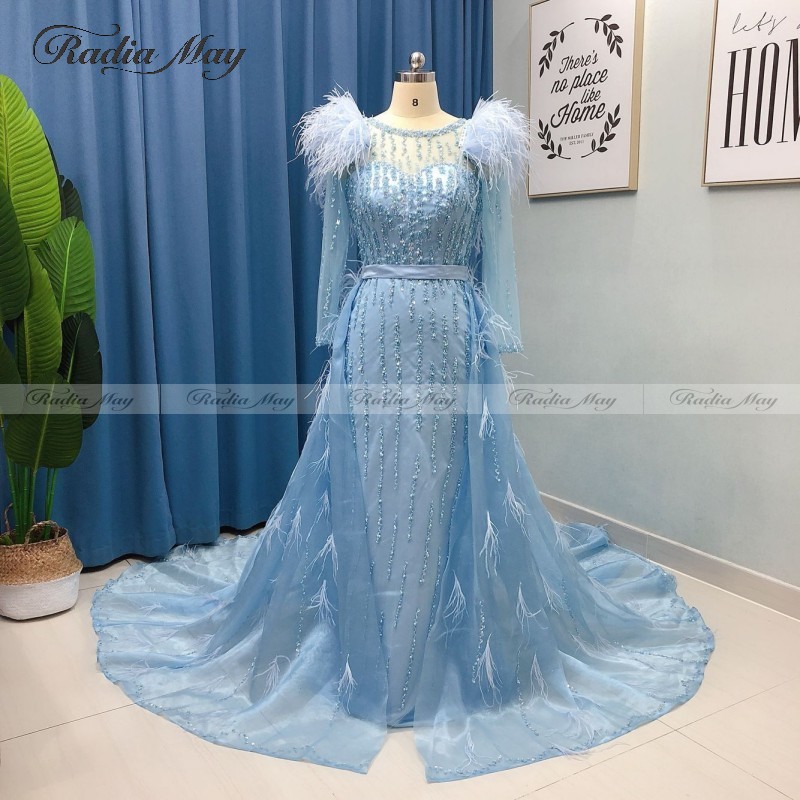 

Luxury Abaya Dubai Blue Evening Gowns With Detachable Train Long Sleeves Feathers Mermaid Prom Dresses Arabic Formal Party Gowns, Green