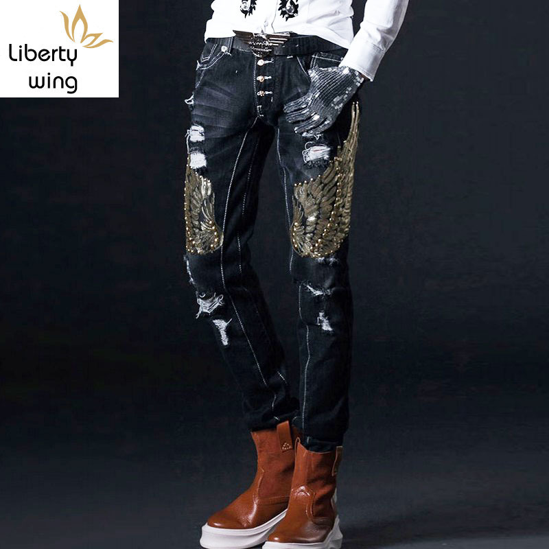 

Embroidery Men Korean Slim Moto Biker Hole Denim Pants Vintage Sequins Stage Male Trousers Middle Skinny Jeans Man, Black