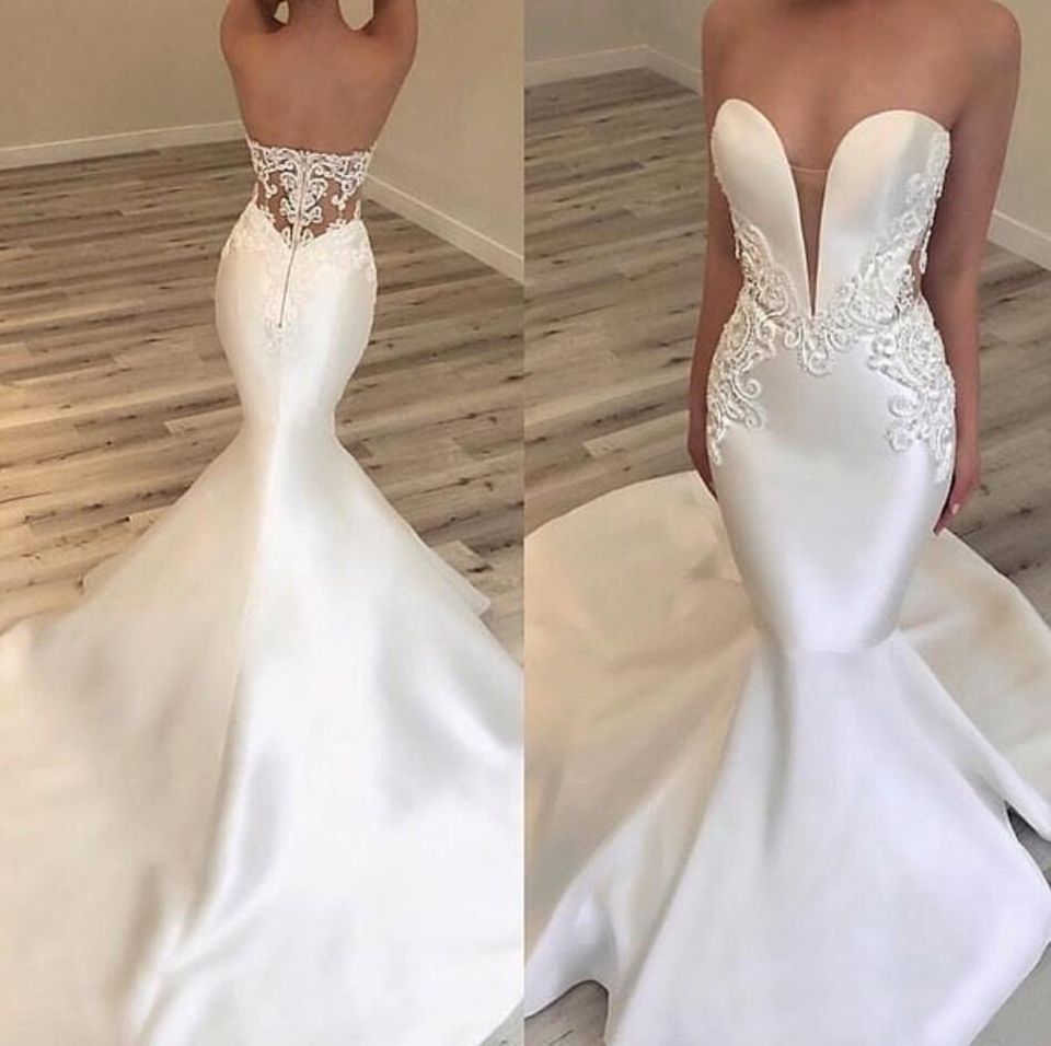 Nouvelle Arrivée Sexy Sirène Robes De Mariée Dentelle Appliques Perles Chérie Sans Manches Dos Ouvert Satin Plus La Taille Formelle Robes De Mari