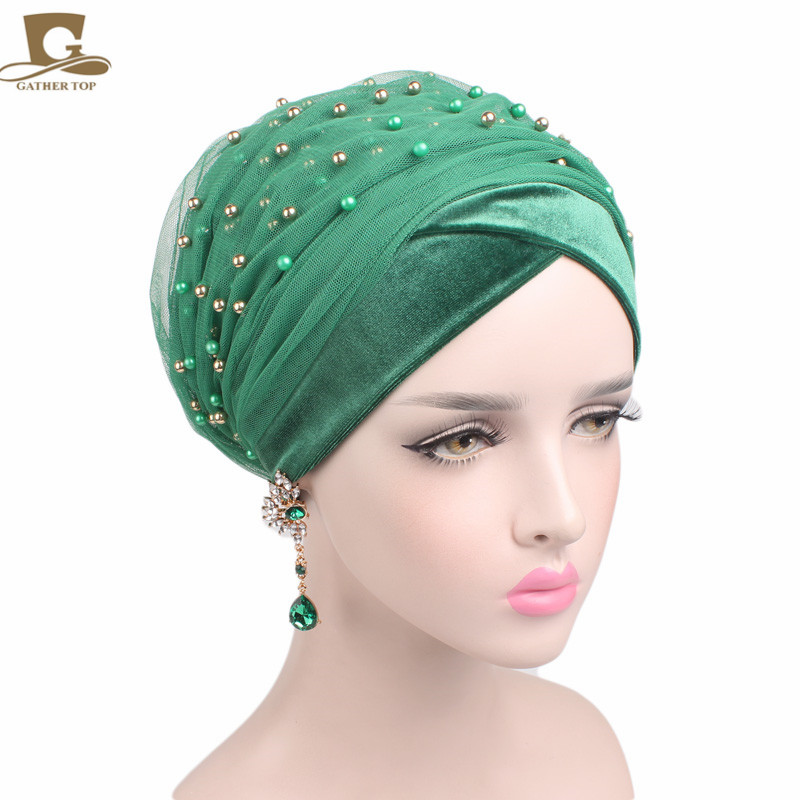 

New luxury mass gold beaded mesh head wrap nigerian turban women hijab long head scarf headscarf