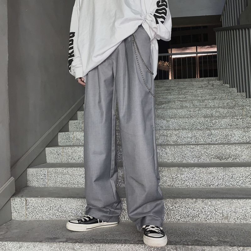 

2020 Spring And Autumn New Youth Popular Ins Mopping Trousers Fashion Casual Solid Color Wild Straight Pants Black / Grey -XL, Gray no chain