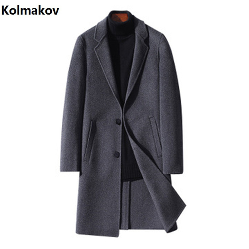 

2019 Winter new Men's Long double side wool coat turndown collar casual woolen overcoat high quality single-breasted trenchcoat, Black