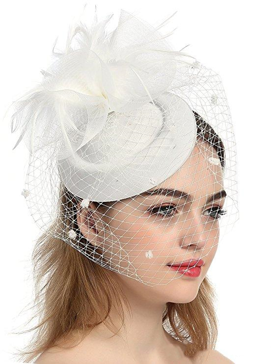 

Elegant Women White Black Fascinator Hats 5 Colors Wedding Bridal Church Flowers Feather Net Lace Eoupean Style Sinamany Kentucky Derby Hat