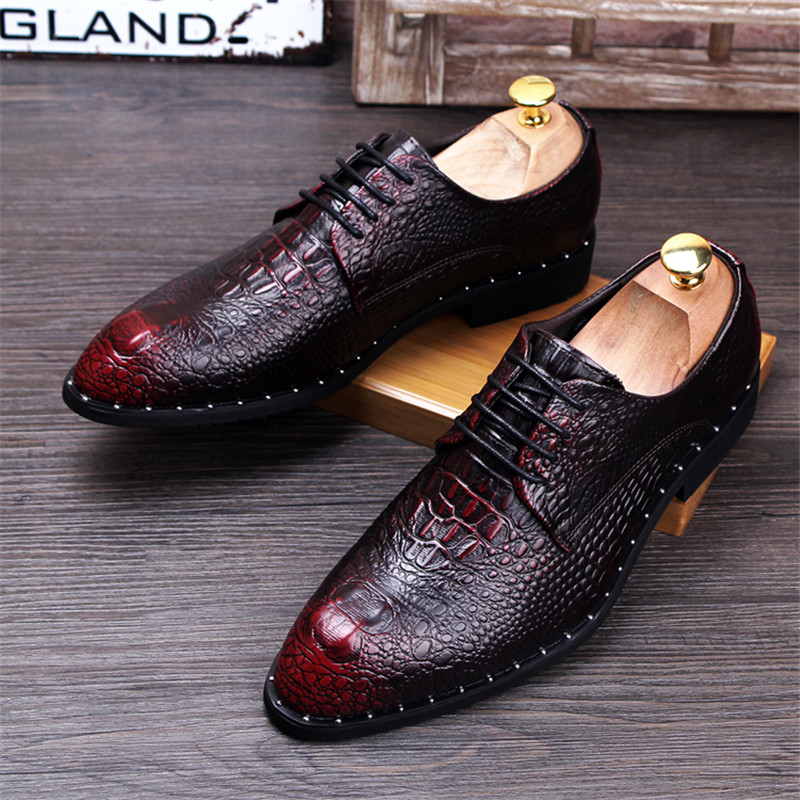 

Men's Crocodile Grain Genuine Leather Dress Shoes Fashion Man Pointed Toe Casual Wedding Party Oxfords Mens Lace-Up Business Flats, Black