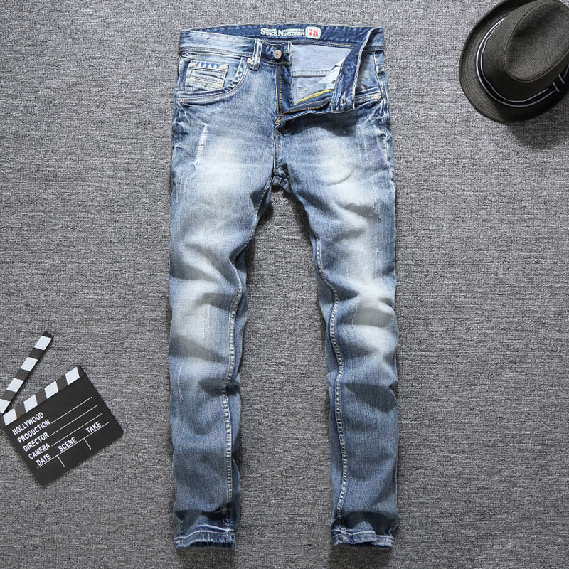 

Italian Vintage Designer Fashion Men Jeans Light Blue Summer Slim Fit Ripped Jeans Men Streetwear Hip Hop Pants Classical, Light blue color
