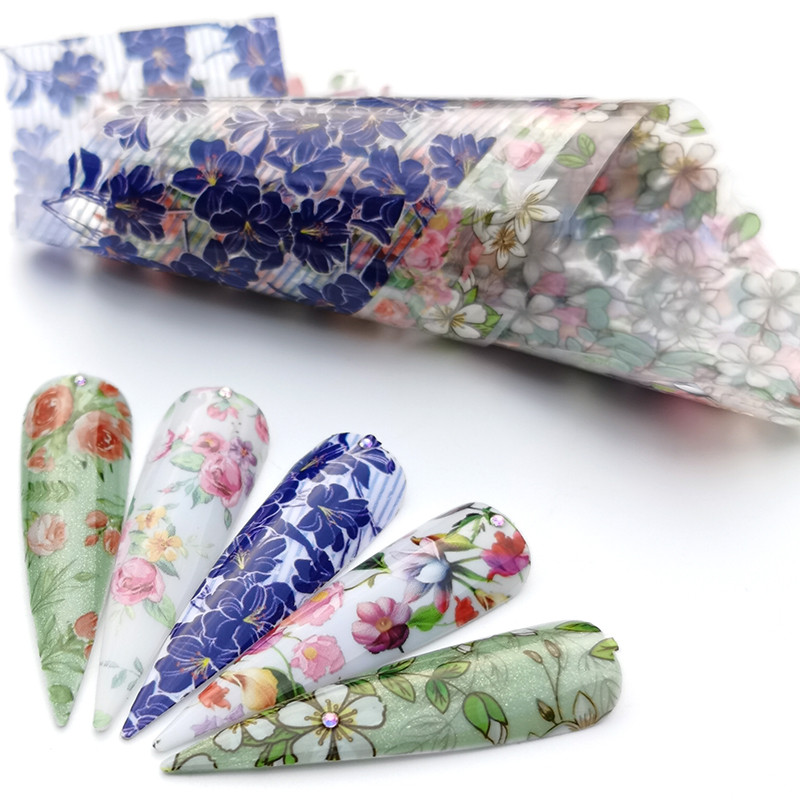 

5 PCS 150mm Colorful Flowers Stickers On Nails Foil Transfer Starry Sky Summer Sliders For Manicure Nail Art Decals Decoration, 11-1