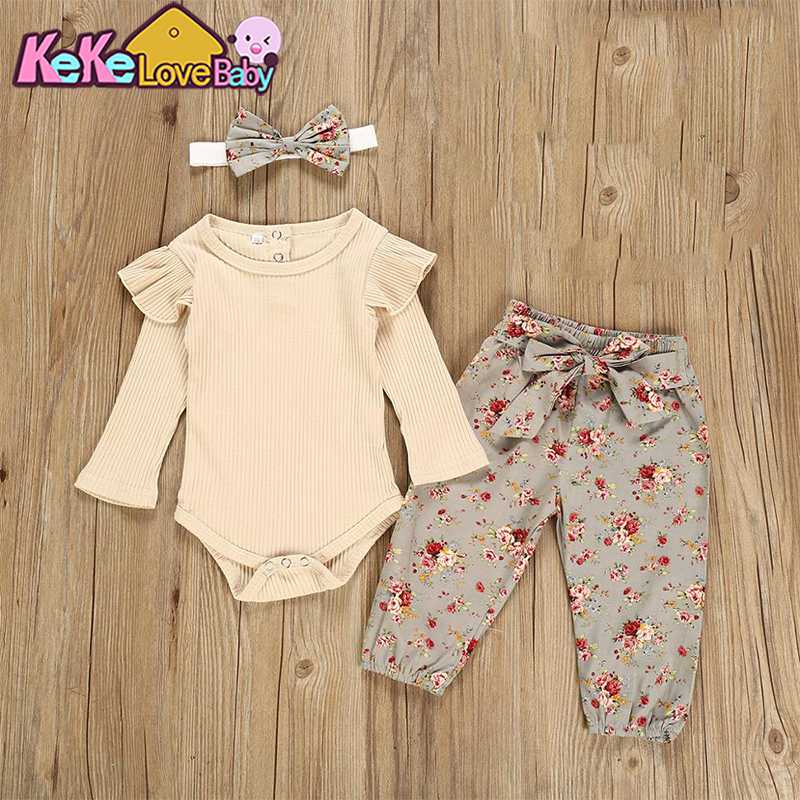 

Newborn Girl Clothes Autumn Baby Girls Clothing 3Pcs Set Long Sleeve Romper +Floral Pants +Headband Outfits Toddler Clothes, Khaki