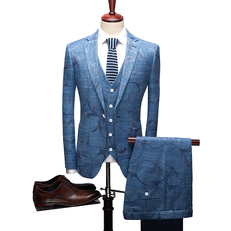 

2020 new Korean Stlye slim dress light blue linen single-breasted suit three-piece suit (jacket + waistcoad + pant