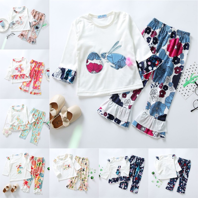 

Kids Girl Easter Costume Set Long Sleeve Rabbit Embroidery Clothes Set Bunny Top + Floral Pant Clothing Set, As picture