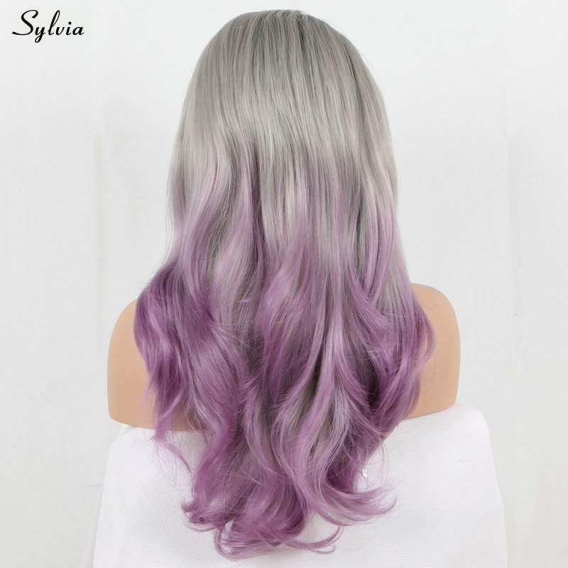 Natural Hairline Black Roots Ombre Silver Gray Purple Three Tone Long Hair Middle Part Cosplay Synthetic Lace Front Wigs Ladies Wig Cheap Wigs With