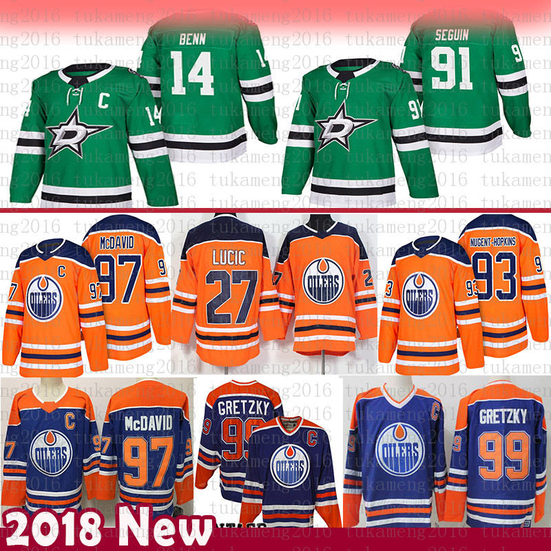 

Dallas Stars mens Jamie Benn 91 Tyler Seguin Jersey Edmonton Oilers 97 Connor McDavid 93 Ryan Nugent-Hopkins 27 Milan Lucic 99 Wayne Gretzky, Black;red