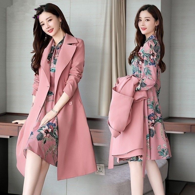 

Spring Autumn Trench Coat Slim Ladies Trench Coat And Dress Long Women Windbreakers Plus Size Two Pieces Women Sets Outwears, Pink dress