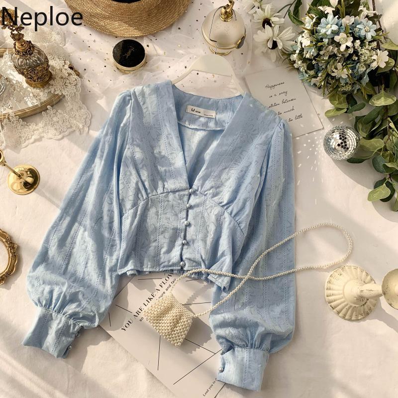 

Neploe Chic V Necj Puff Long Sleeve Autumn Spring 2020 New Blouse Solid Button Design Slim Fit Blusas Autumn Spring Shirt 47947, White