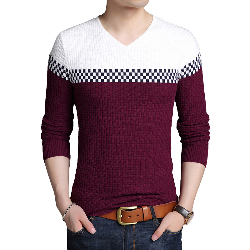

Autumn Winter Men Warm Wool Sweaters Casual Hit Color Patchwork V-neck Pullover Men Slim Fit Cotton Sweater Pull Homme, Khaki