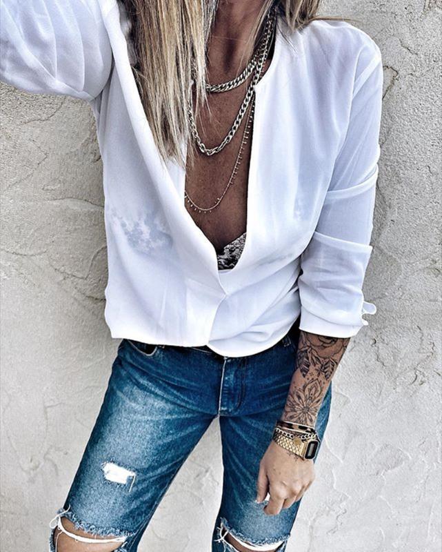 

3/4 Sleeve Autumn Ladies Blouses Tops Business V Neck Solid Color Women Shirt And Blouses White Office Female Tops Tee D30