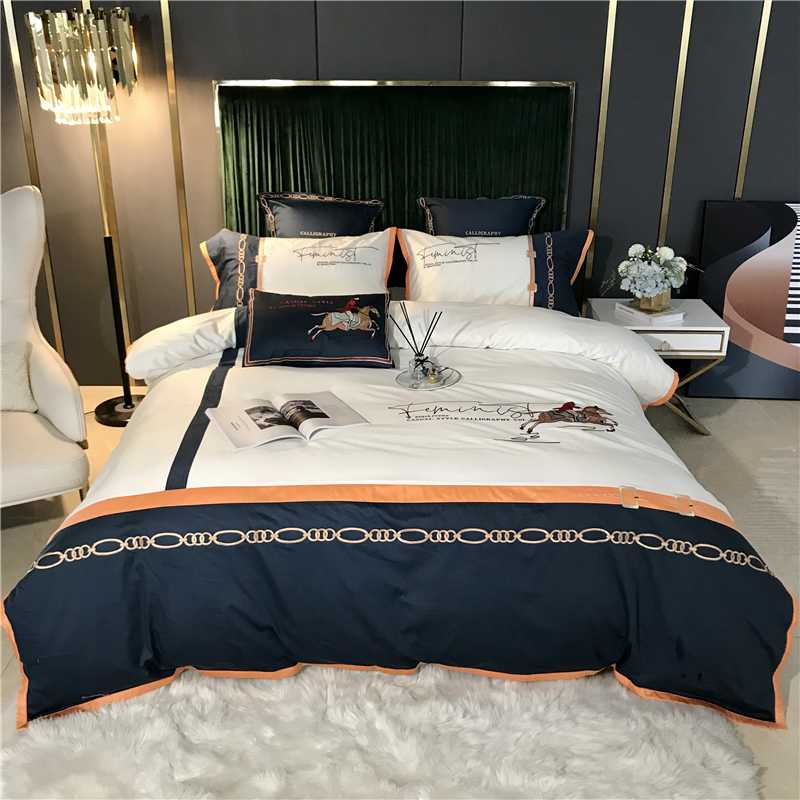 

White Blue Splicing British Style Horse Embroidery Like Silk Cotton Bedding Set Duvet Cover Bed Linen Fitted Sheet Pillowcases