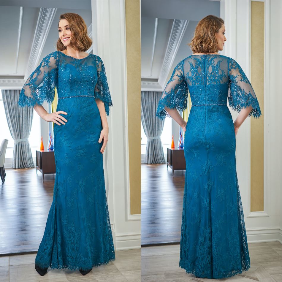 

Jasmine Mother of the Bride Dresses Short Sleeves Lace Appliques Sequin Evening Gowns Custom Made Floor Length Wedding Guest Dress