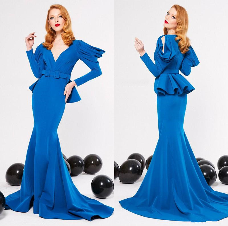 2020 Elegant Satin Mermaid Evening Dresses Sexy V Neck Long Sleeves Prom Dress Party Wear Plus Size Formal Gowns robes de soiree