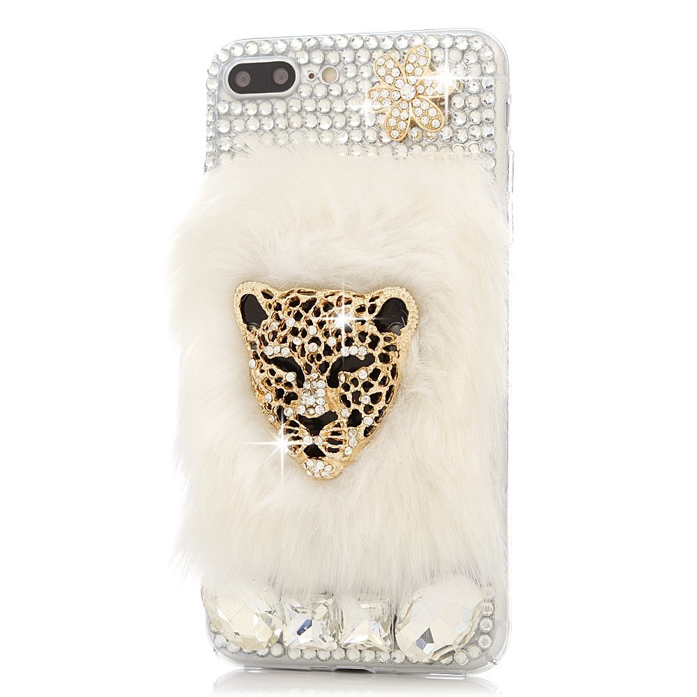 

Handmade Bling Crystal Luxury Golden Leopard Head with Rabbit Fur TPU Soft Phone Case Cover for iPhone 5 5s 6 6s 7 8 plus Xs Max