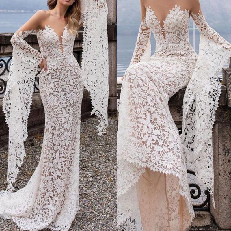 Femmes Beach Boho Sexy Robes Bohemian Trompette Trumpe Trupmet Deep Col Col Dentelle Robe de mariée Femme Mariage Elégante Robes longues