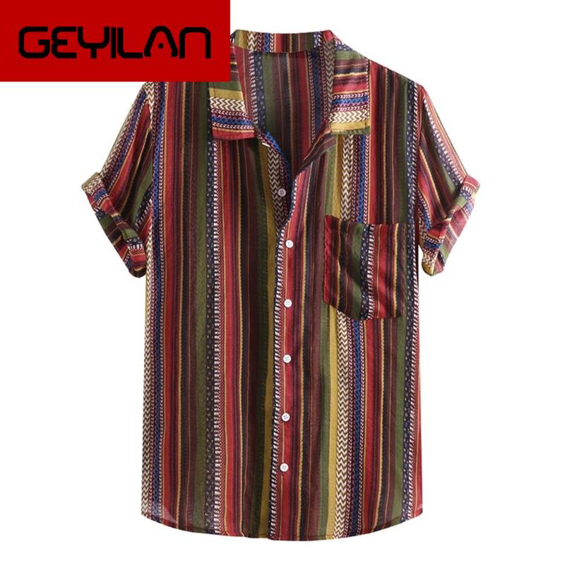 

Men's Hawaiian Shirt Men's Casual Vintage Ethnic Print Lapel Color Stripe Short Sleeve Loose Fashion Shirt 2019, Or