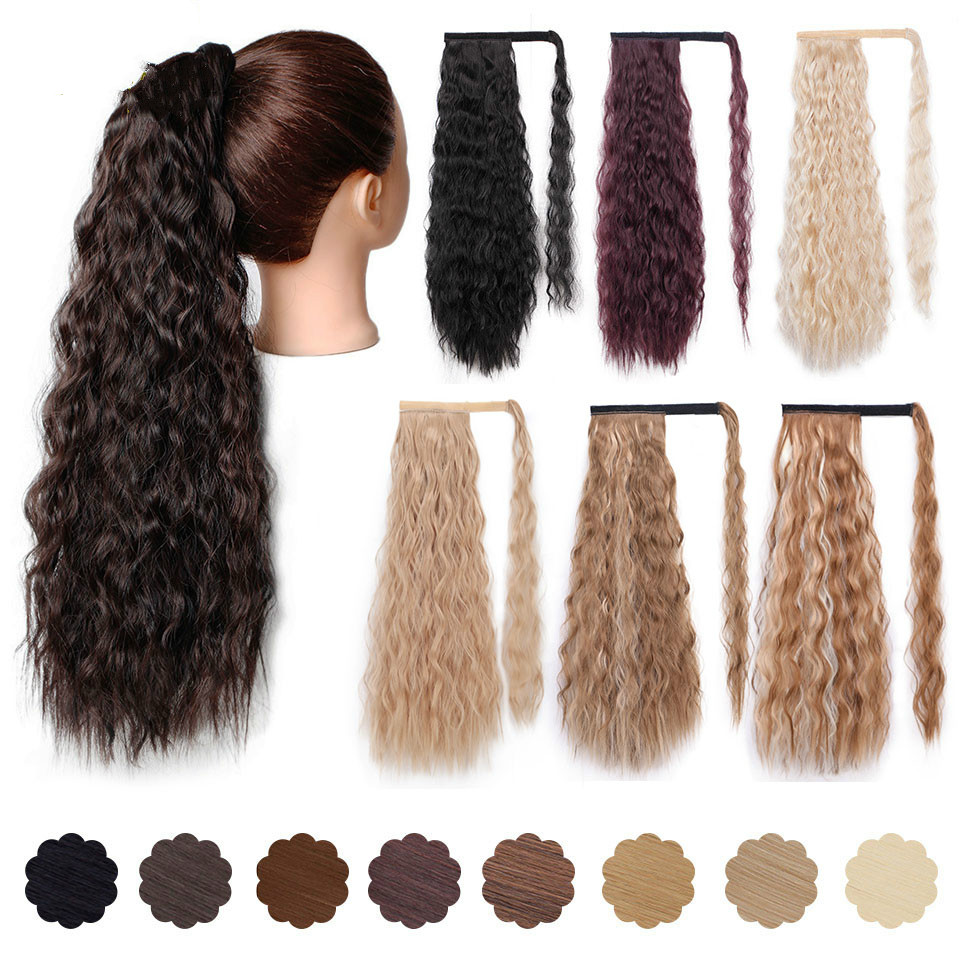 

Wavy Ponytail Extension for Women Synthetic Wrap Around Magic Paste Yaki Ponytail Corn Wave Clip in Hairpiece Black Fake Hair