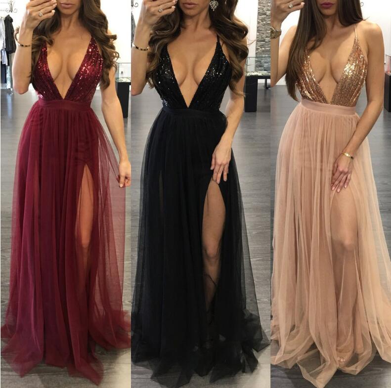 

Wedding Party Dress Long Dress New pink color sewing perspectives gauze loose glitter Deep V belt female mesh gown vestidos, Black